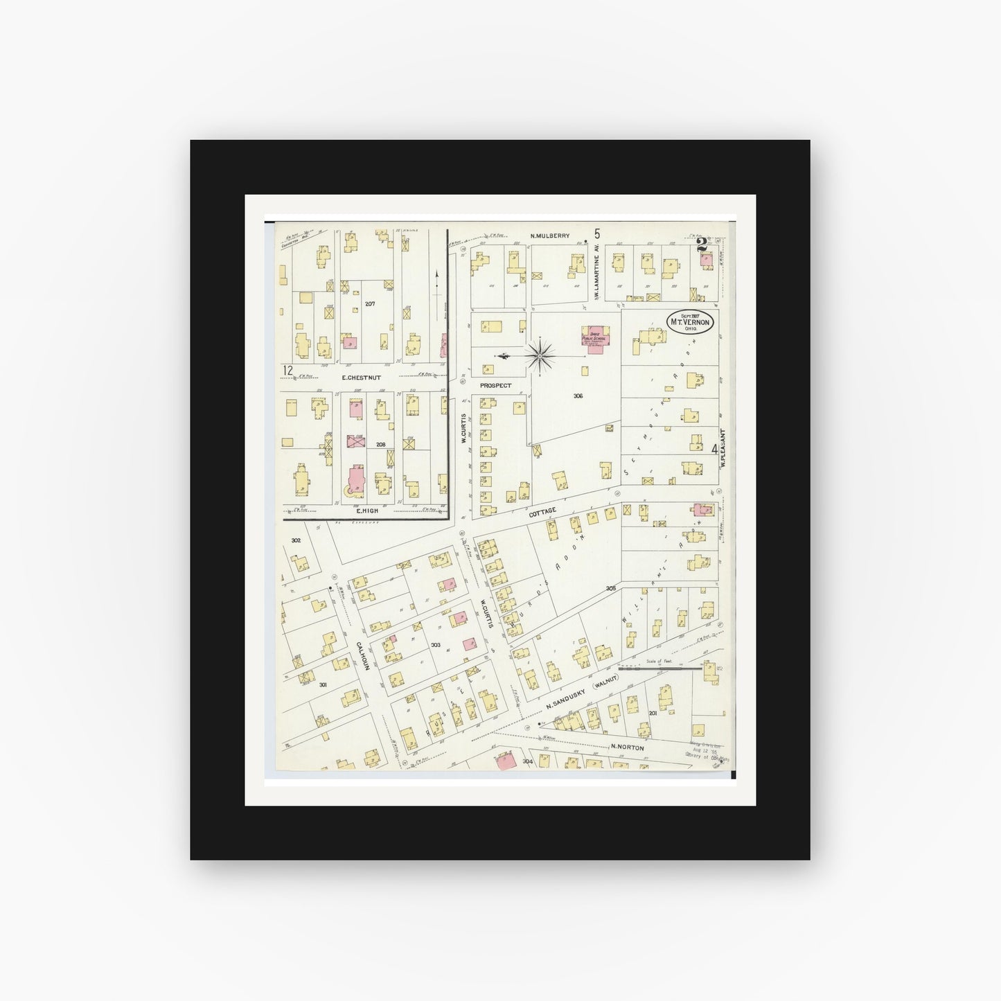 Old map wall art mockup — black gallery frame with white mat — Sanborn Fire Insurance Map from Mount Vernon, Knox County, Ohio (1907), Sheet #0002
