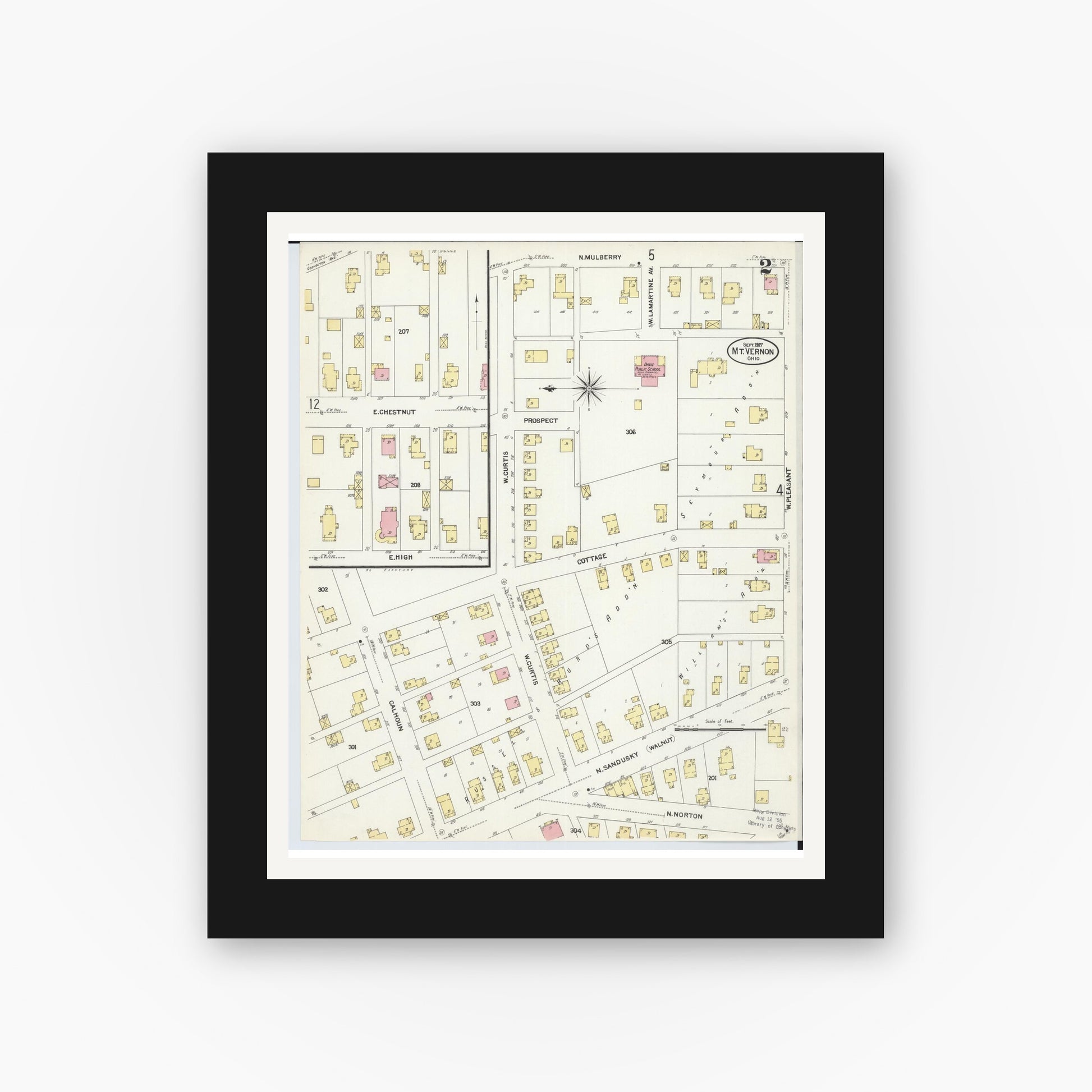 Old map wall art mockup — black gallery frame with white mat — Sanborn Fire Insurance Map from Mount Vernon, Knox County, Ohio (1907), Sheet #0002