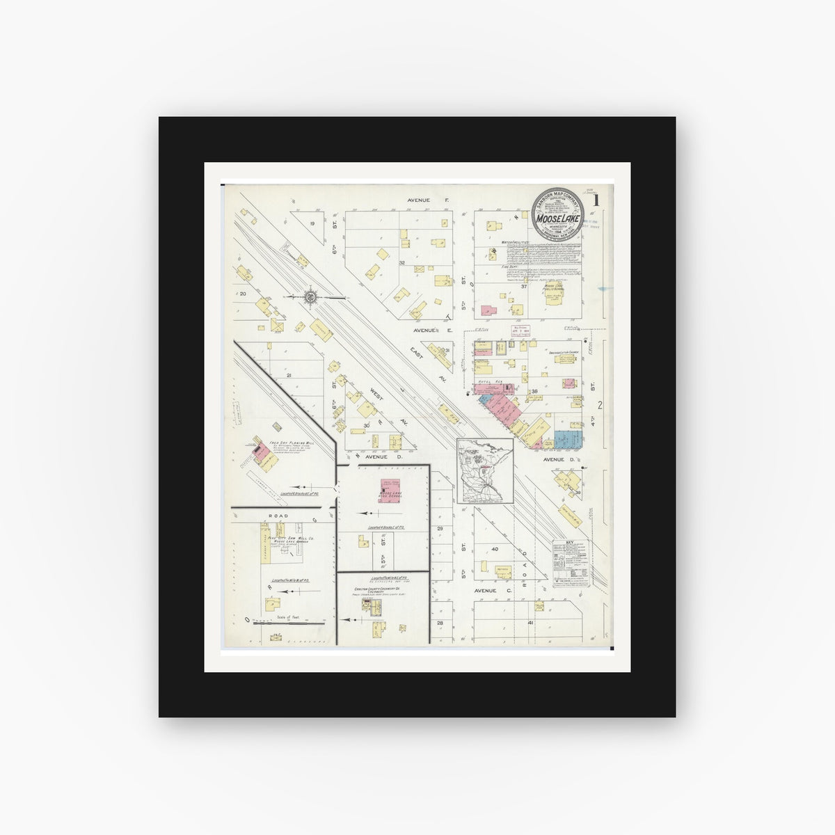 Old map wall art mockup — black gallery frame with white mat — Sanborn Fire Insurance Map from Moose Lake, Carlton County, Minnesota (1914) - Complete Map Set