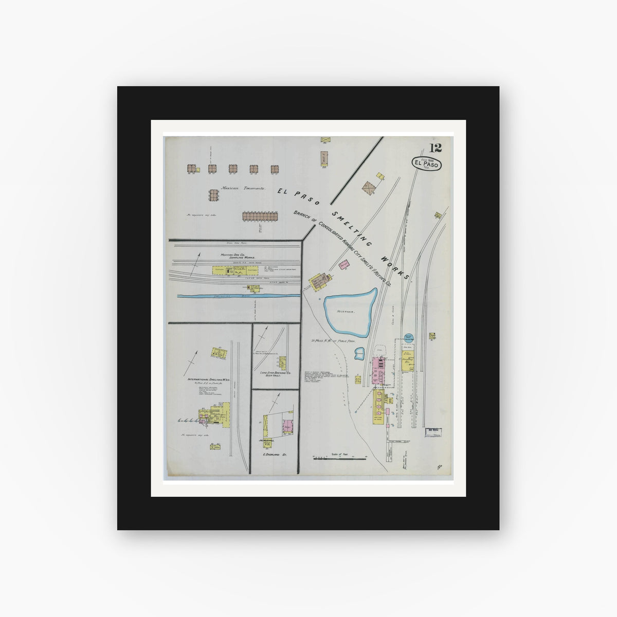 Old map wall art mockup — black gallery frame with white mat — Sanborn Fire Insurance Map from El Paso, El Paso County, Texas (1888), Sheet #0012