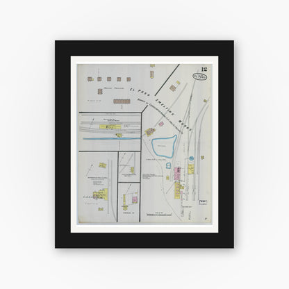 Old map wall art mockup — black gallery frame with white mat — Sanborn Fire Insurance Map from El Paso, El Paso County, Texas (1888), Sheet #0012