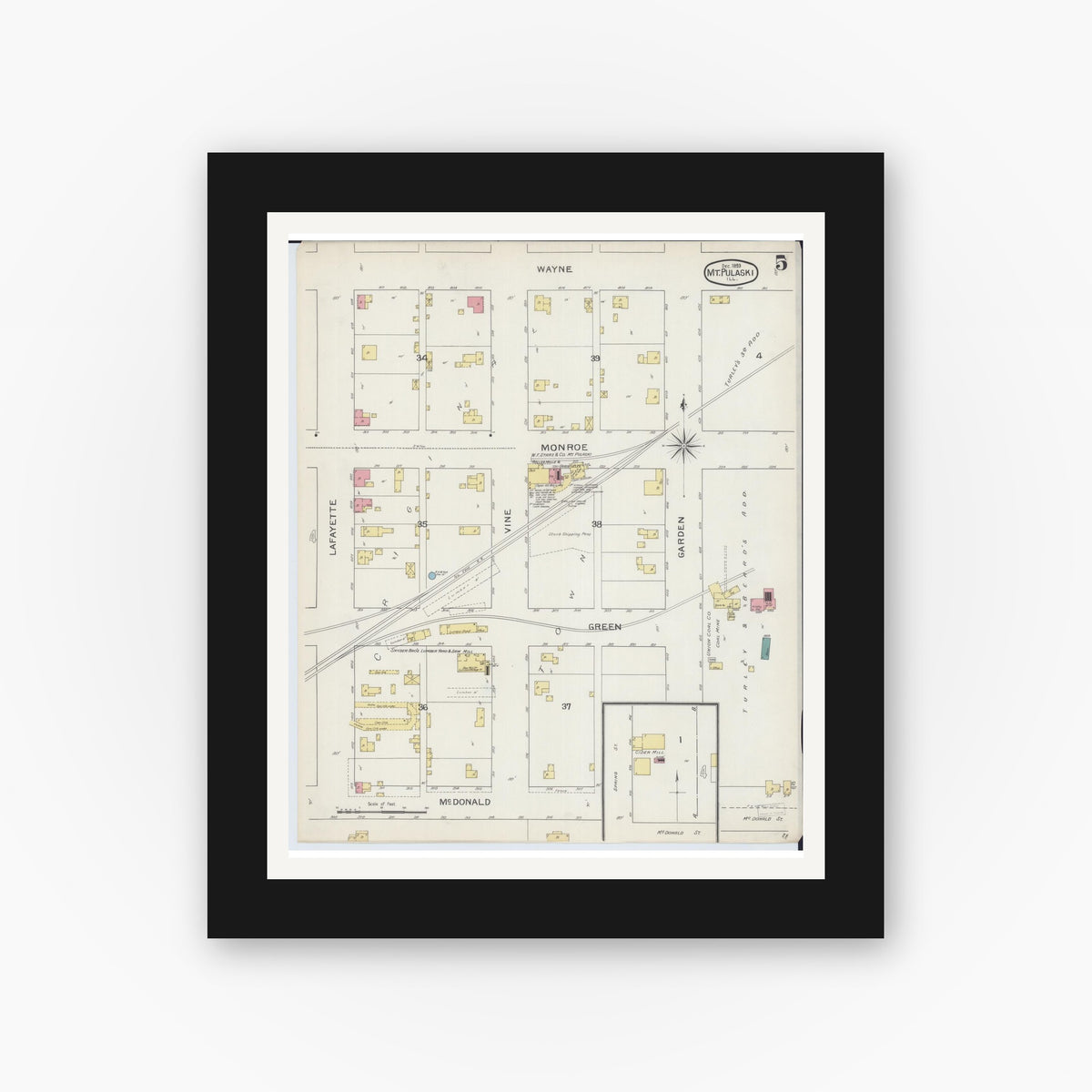 Old map wall art mockup — black gallery frame with white mat — Sanborn Fire Insurance Map from Mount Pulaski, Logan County, Illinois (1893), Sheet #0005