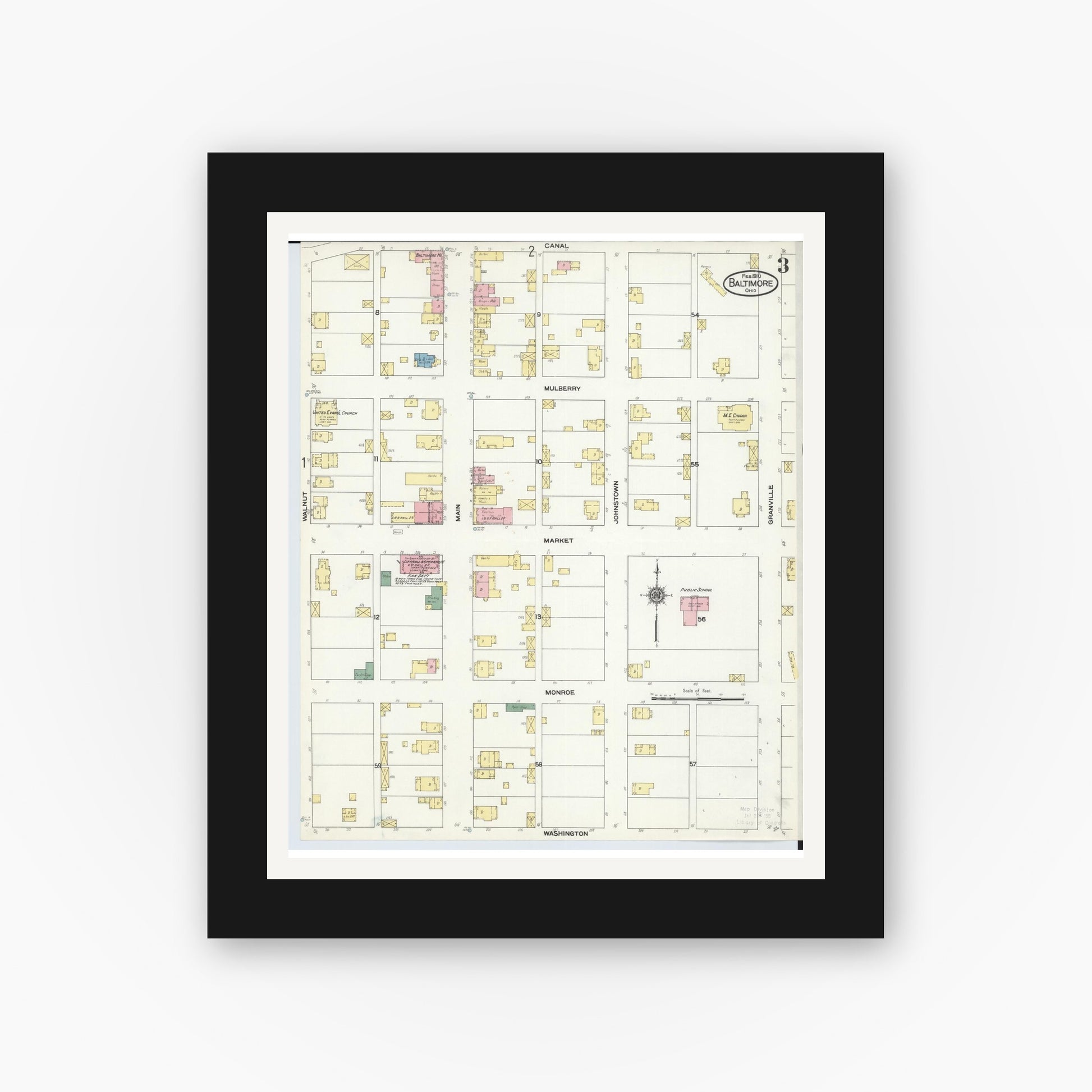 Old map wall art mockup — black gallery frame with white mat — Sanborn Fire Insurance Map from Baltimore, Fairfield County, Ohio (1910), Sheet #0003