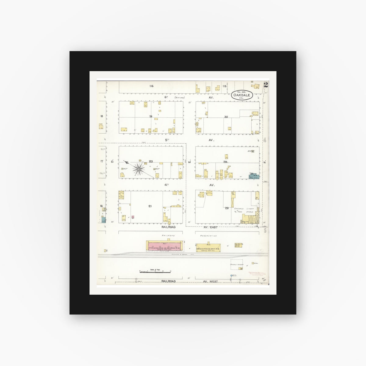 Old map wall art mockup — black gallery frame with white mat — Sanborn Fire Insurance Map from Oakdale, Stanislaus County, California (1895), Sheet #0002