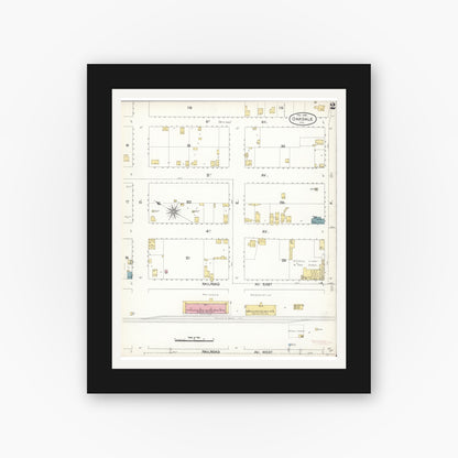 Old map wall art mockup — black gallery frame with white mat — Sanborn Fire Insurance Map from Oakdale, Stanislaus County, California (1895), Sheet #0002