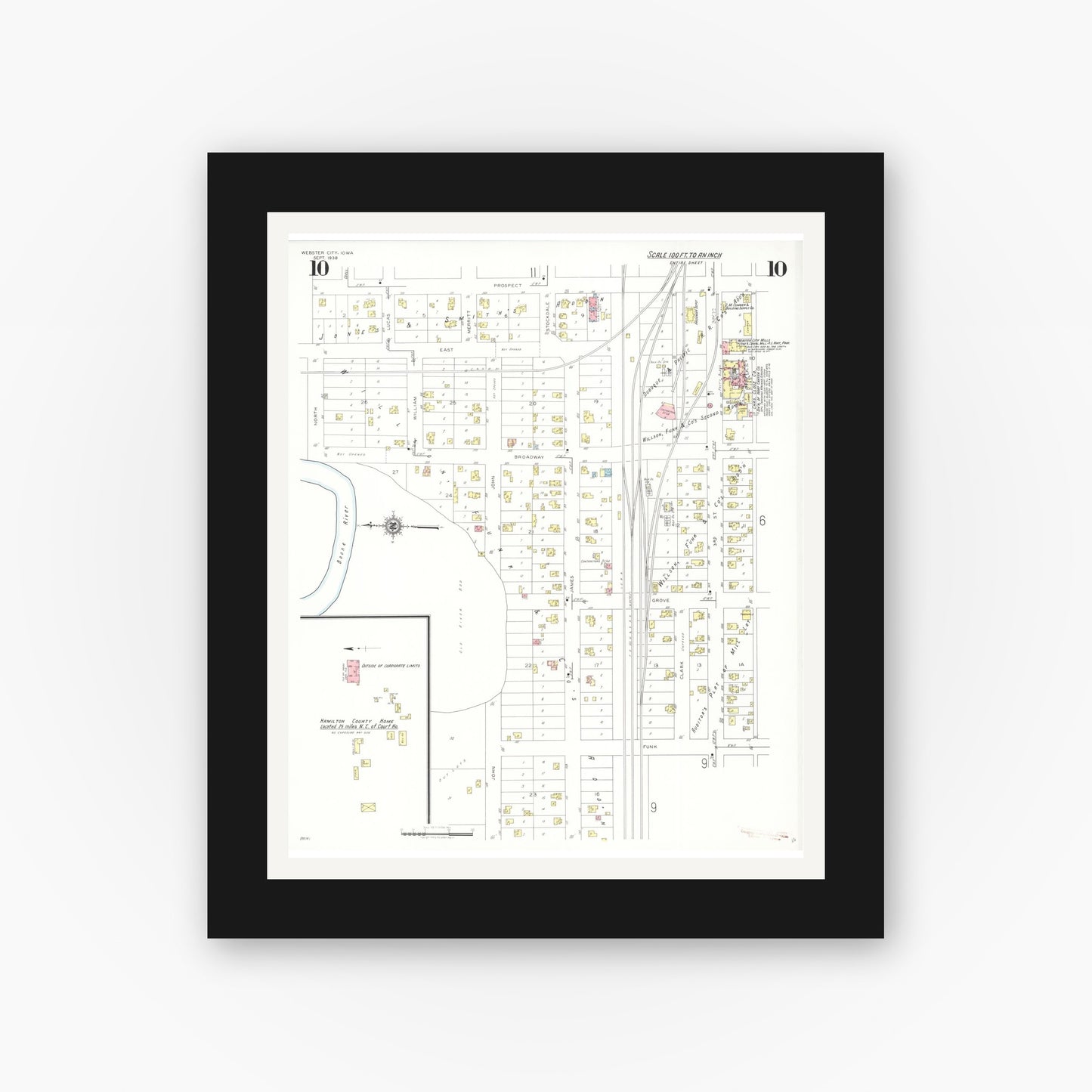 Old map wall art mockup — black gallery frame with white mat — Sanborn Fire Insurance Map from Webster City, Hamilton County, Iowa (1938), Sheet #0010