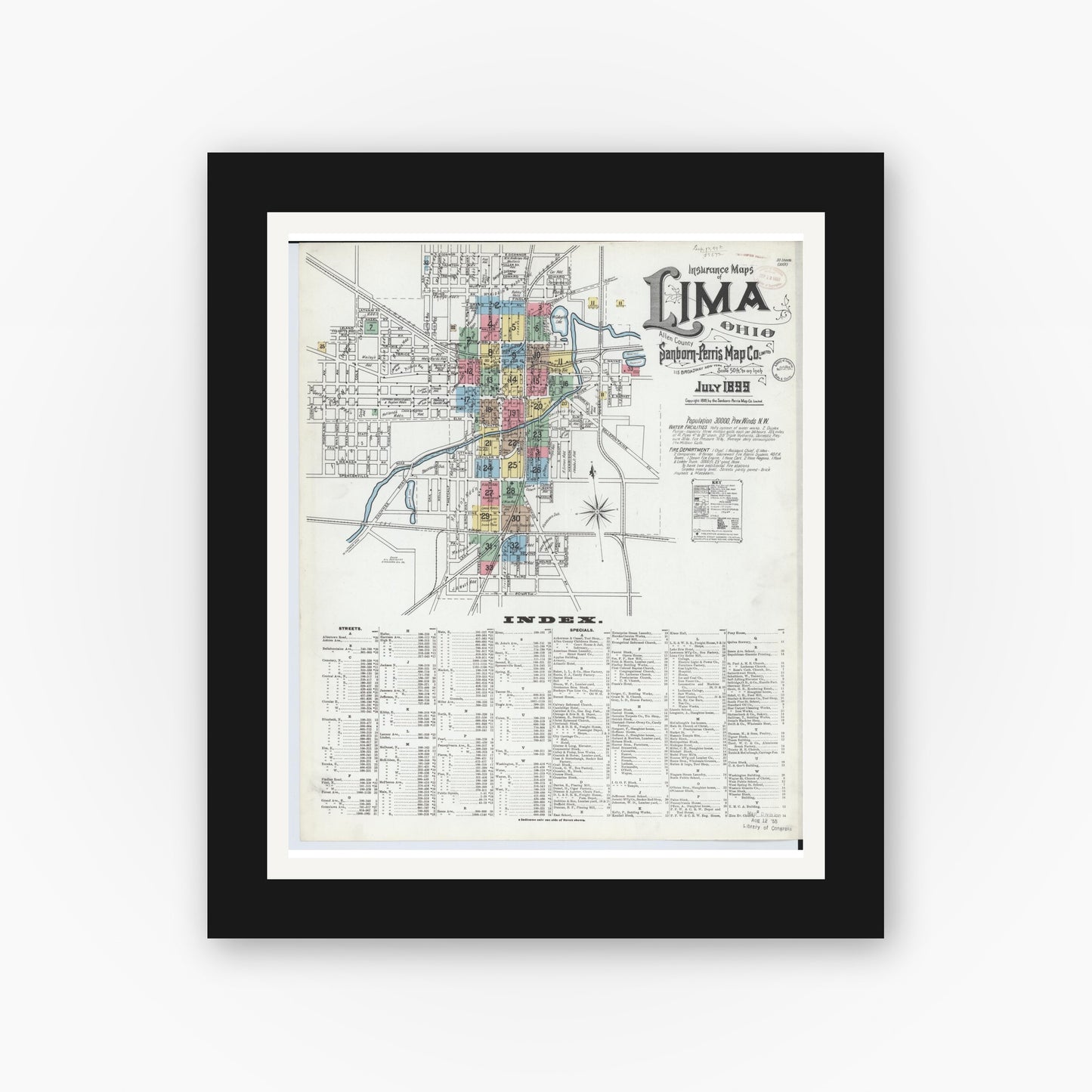 Old map wall art mockup — black gallery frame with white mat — Sanborn Fire Insurance Map from Lima, Allen County, Ohio (1899), Sheet #0001