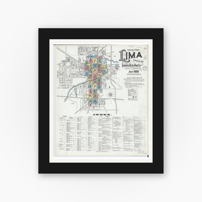 Old map wall art mockup — black gallery frame with white mat — Sanborn Fire Insurance Map from Lima, Allen County, Ohio (1899), Sheet #0001