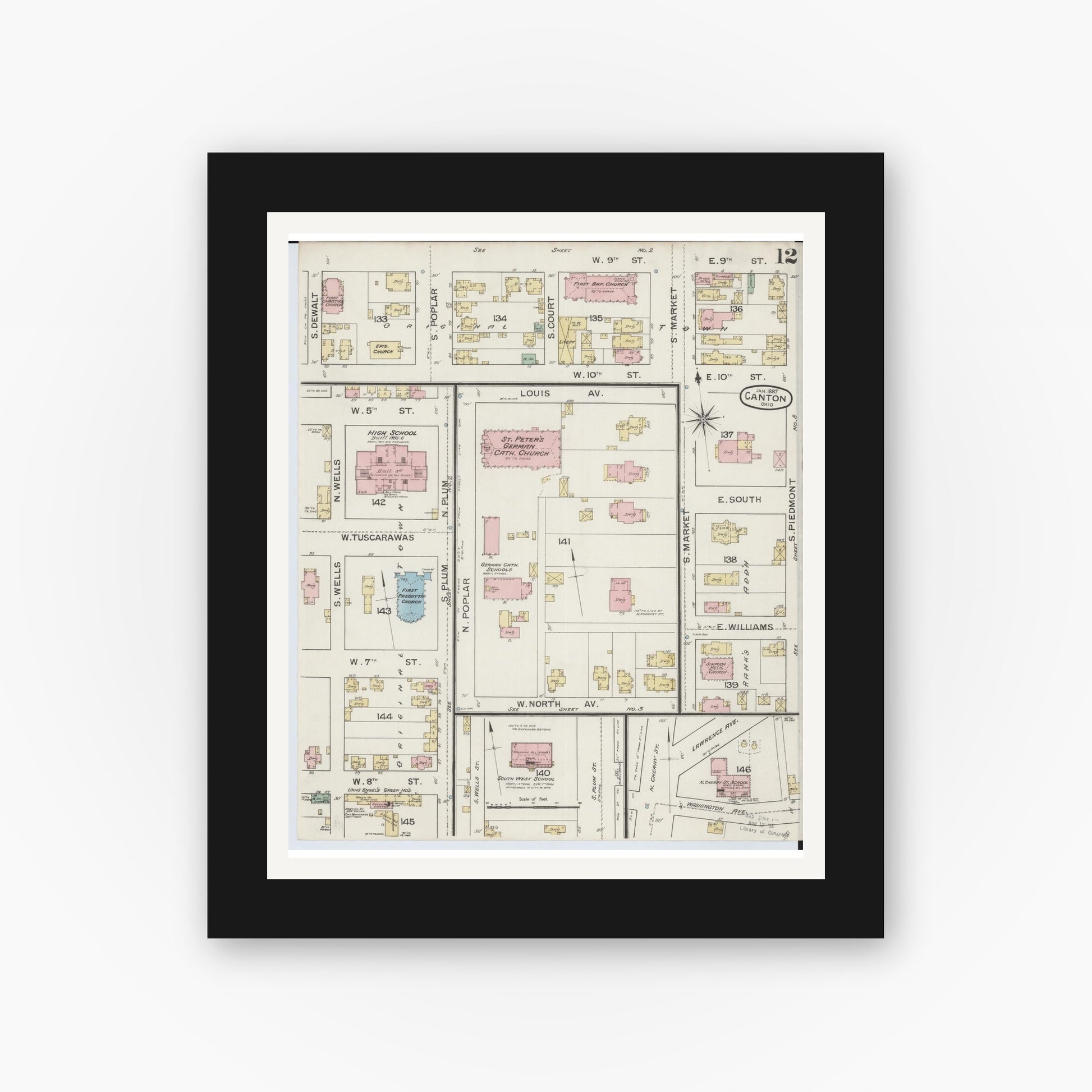 Old map wall art mockup — black gallery frame with white mat — Sanborn Fire Insurance Map from Canton, Stark County, Ohio (1887), Sheet #0012