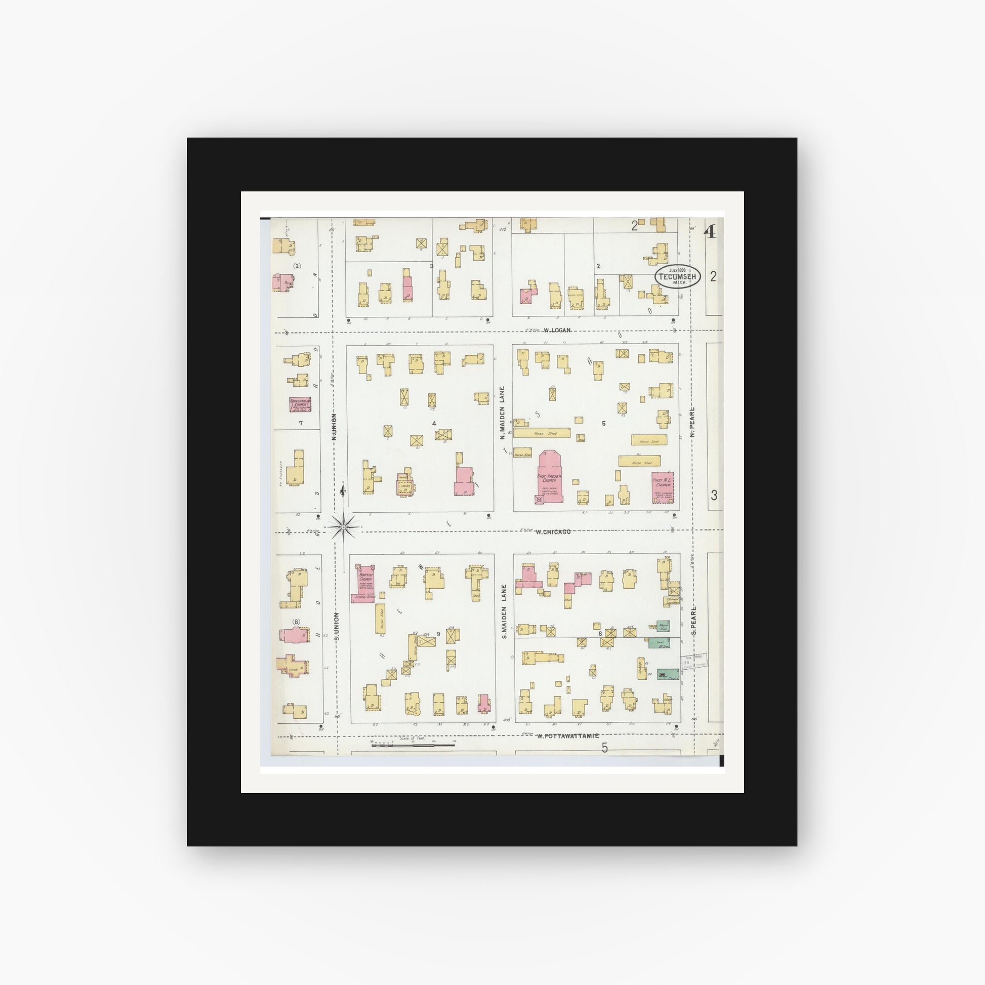 Old map wall art mockup — black gallery frame with white mat — Sanborn Fire Insurance Map from Tecumseh, Lenawee County, Michigan (1899), Sheet #0004
