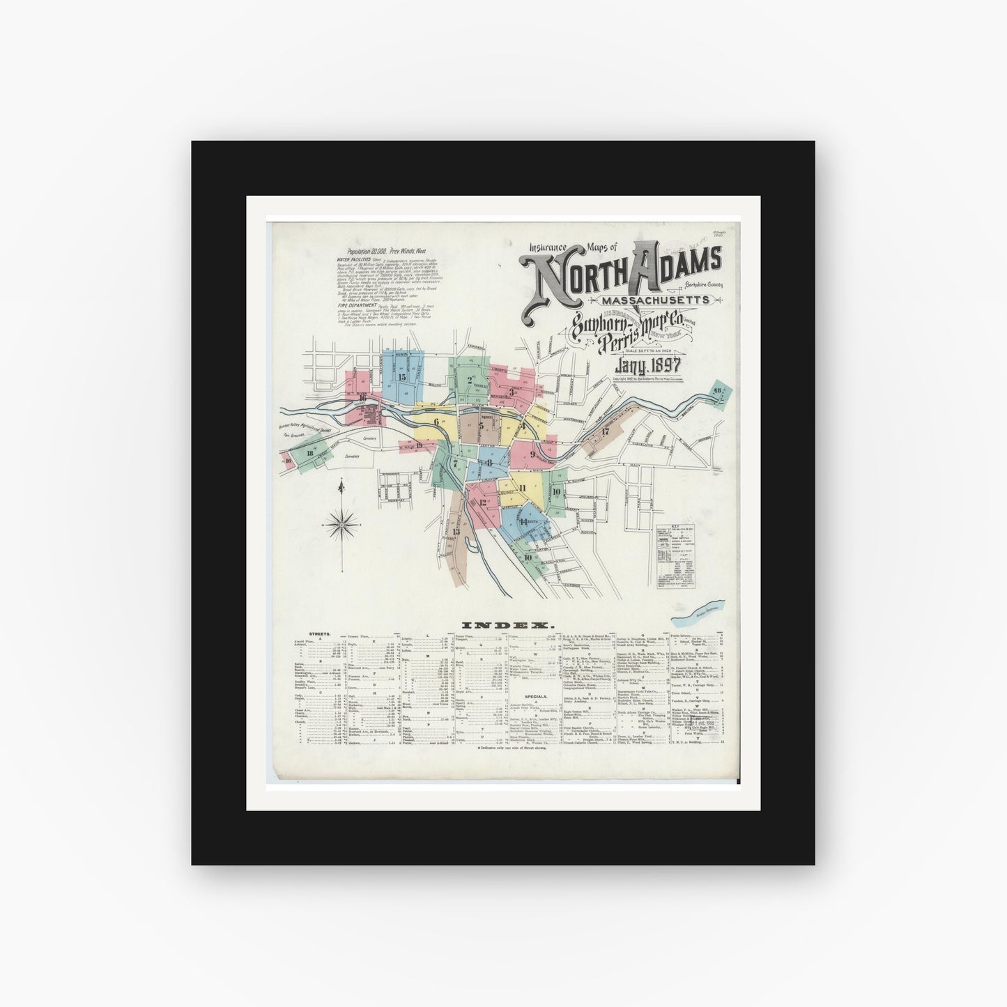 Old map wall art mockup — black gallery frame with white mat — Sanborn Fire Insurance Map from North Adams, Berkshire County, Massachusetts (1897) - Complete Map Set