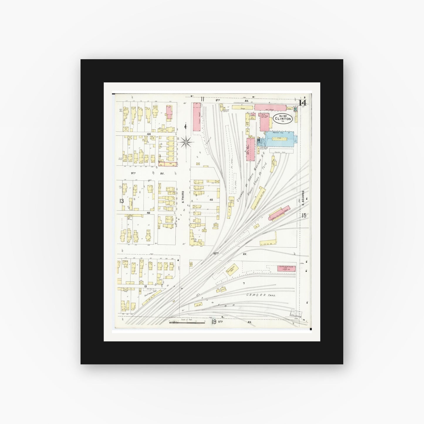 Old map wall art mockup — black gallery frame with white mat — Sanborn Fire Insurance Map from Clinton, Clinton County, Iowa (1897), Sheet #0014
