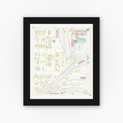 Old map wall art mockup — black gallery frame with white mat — Sanborn Fire Insurance Map from Clinton, Clinton County, Iowa (1897), Sheet #0014