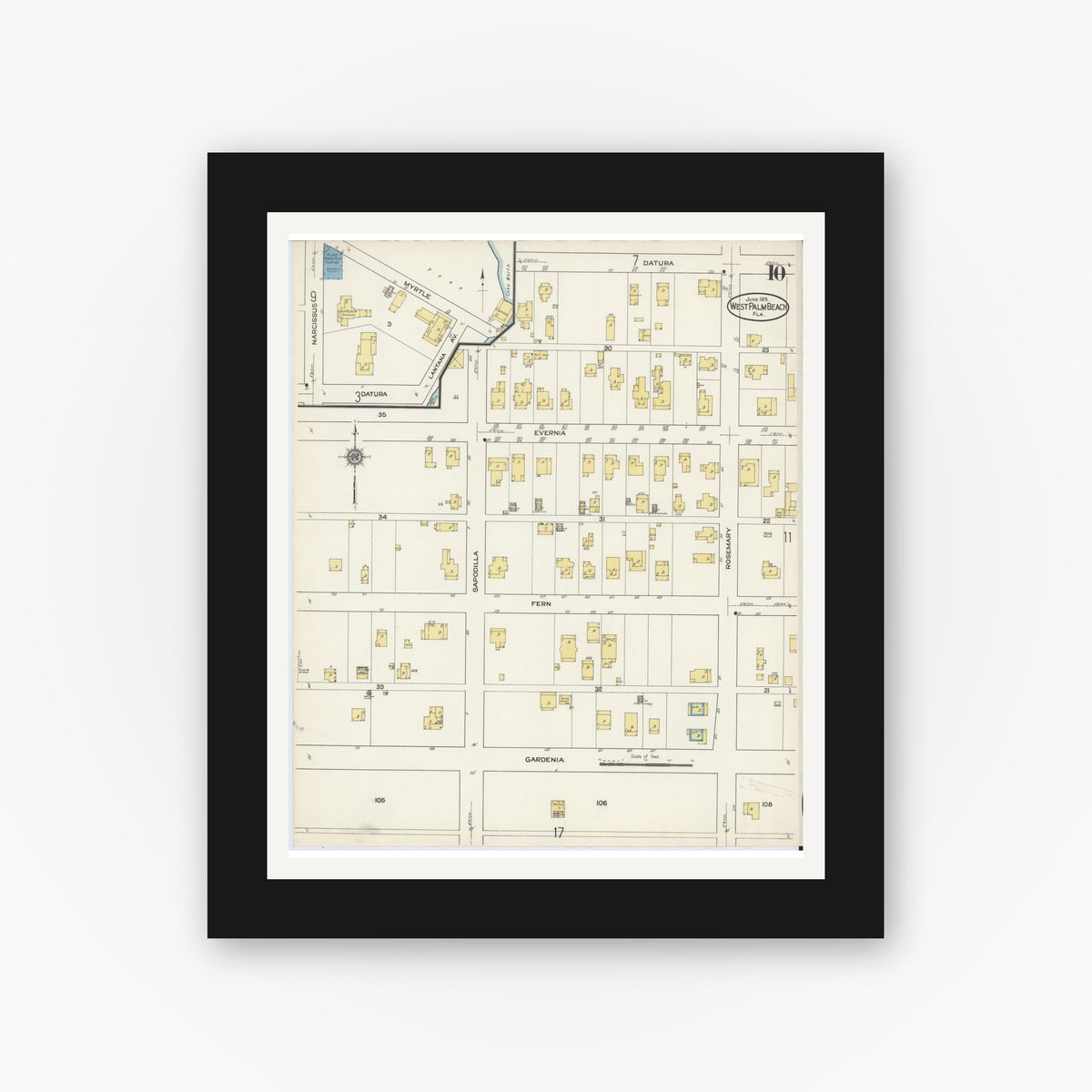 Old map wall art mockup — black gallery frame with white mat — Sanborn Fire Insurance Map from West Palm Beach, Dade County, Florida (1915), Sheet #0010