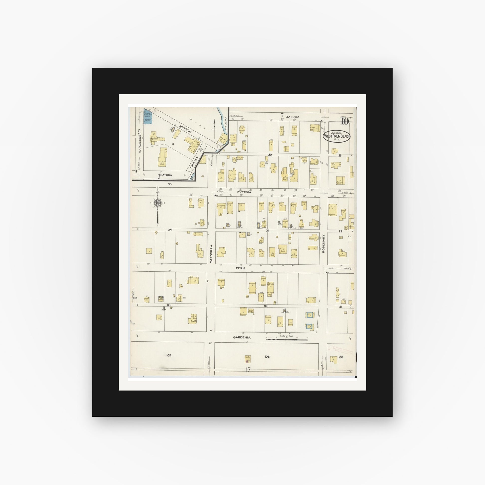 Old map wall art mockup — black gallery frame with white mat — Sanborn Fire Insurance Map from West Palm Beach, Dade County, Florida (1915), Sheet #0010