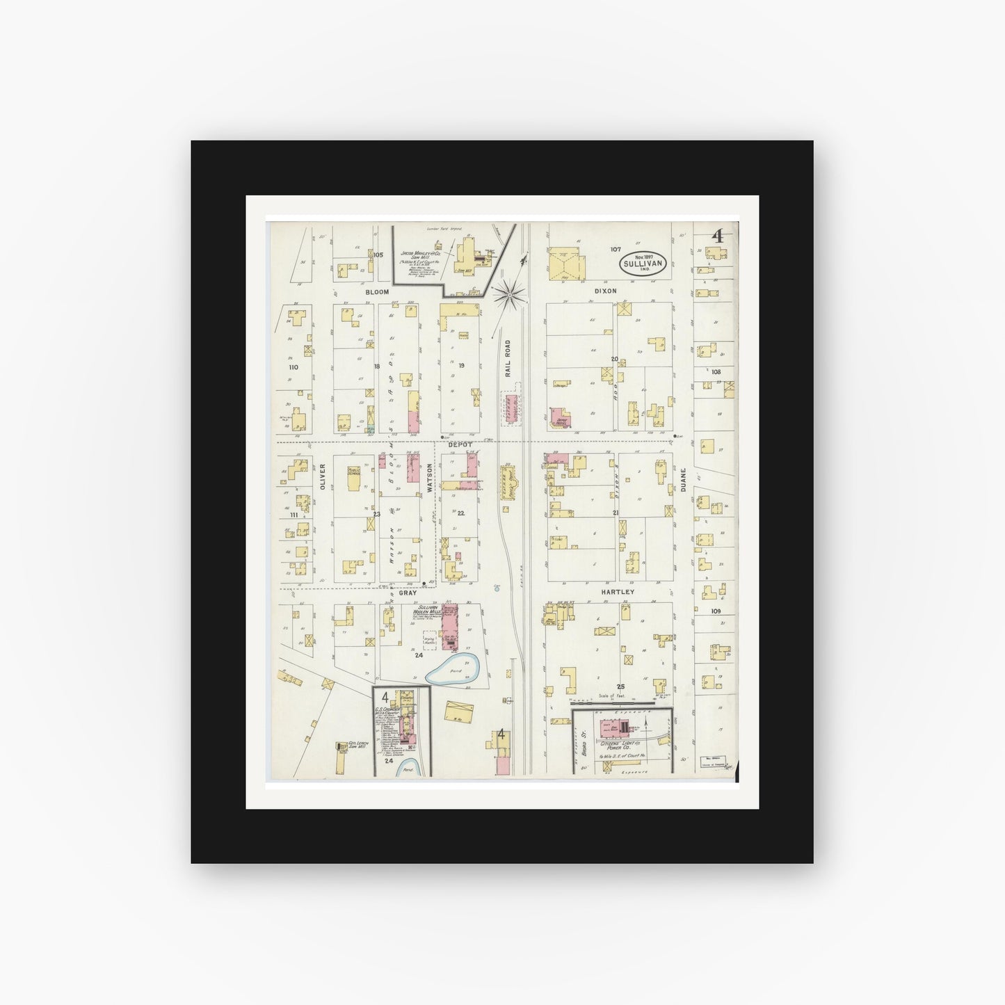 Old map wall art mockup — black gallery frame with white mat — Sanborn Fire Insurance Map from Sullivan, Sullivan County, Indiana (1897), Sheet #0004