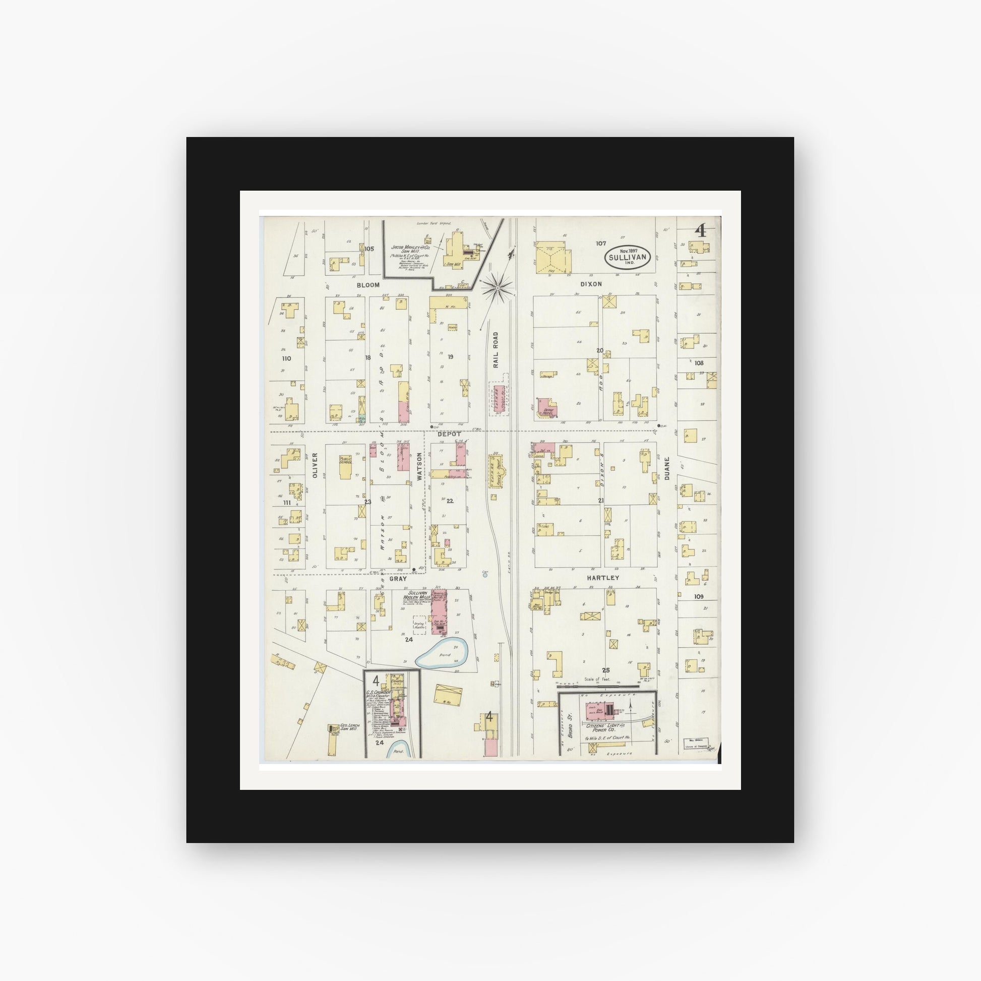 Old map wall art mockup — black gallery frame with white mat — Sanborn Fire Insurance Map from Sullivan, Sullivan County, Indiana (1897), Sheet #0004