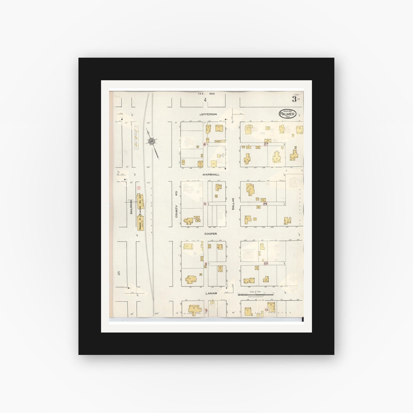 Old map wall art mockup — black gallery frame with white mat — Sanborn Fire Insurance Map from Palmer, Ellis County, Texas (1936), Sheet #0003
