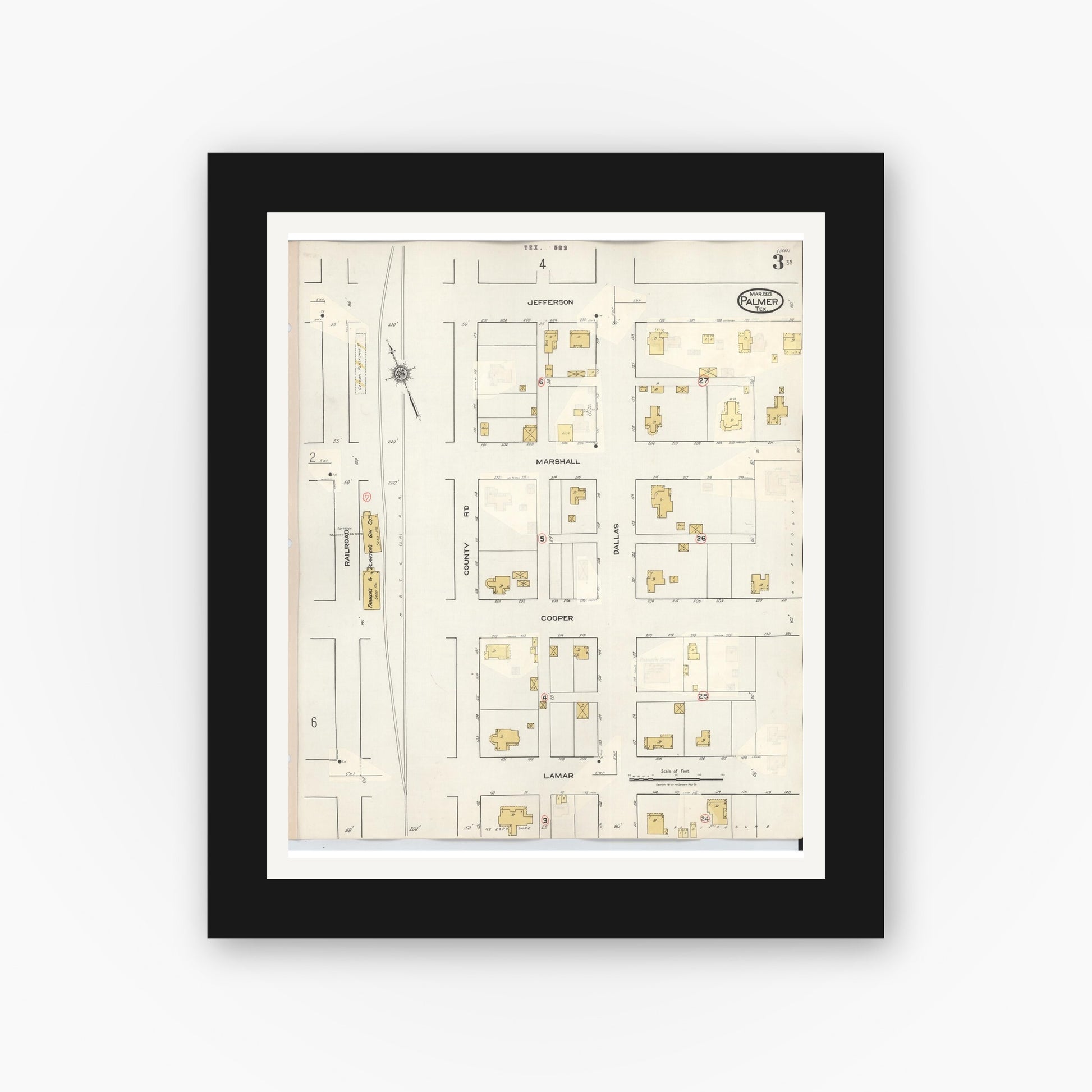 Old map wall art mockup — black gallery frame with white mat — Sanborn Fire Insurance Map from Palmer, Ellis County, Texas (1936), Sheet #0003