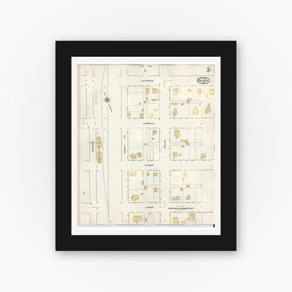Old map wall art mockup — black gallery frame with white mat — Sanborn Fire Insurance Map from Palmer, Ellis County, Texas (1936), Sheet #0003