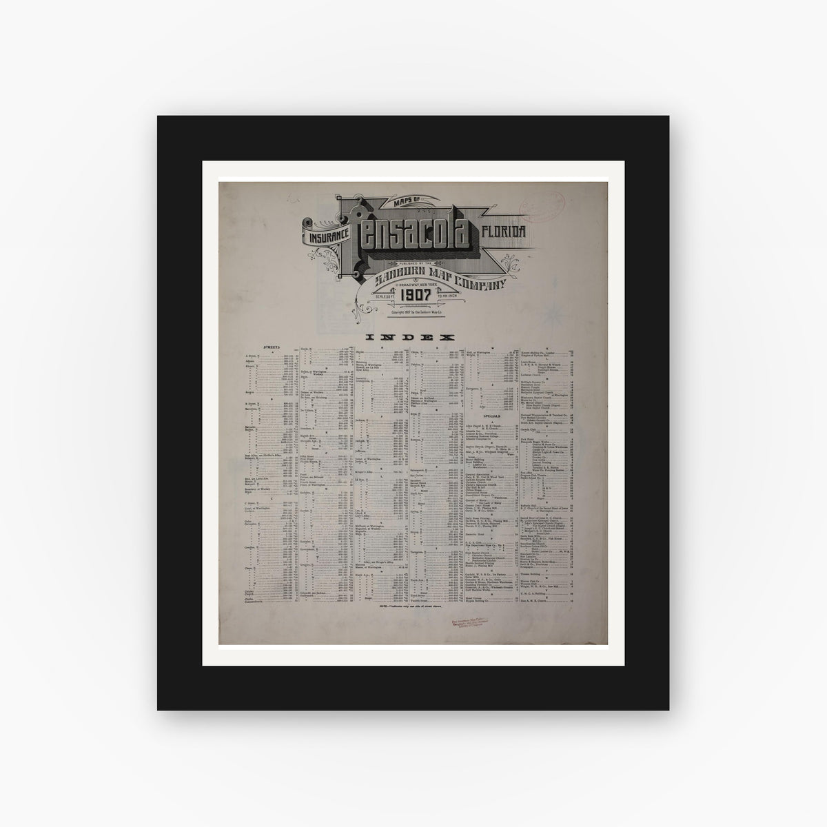 Old map wall art mockup — black gallery frame with white mat — Sanborn Fire Insurance Map from Pensacola, Escambia County, Florida (1907), Sheet #0001