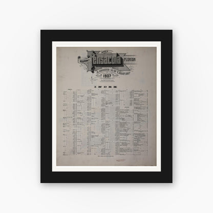 Old map wall art mockup — black gallery frame with white mat — Sanborn Fire Insurance Map from Pensacola, Escambia County, Florida (1907), Sheet #0001