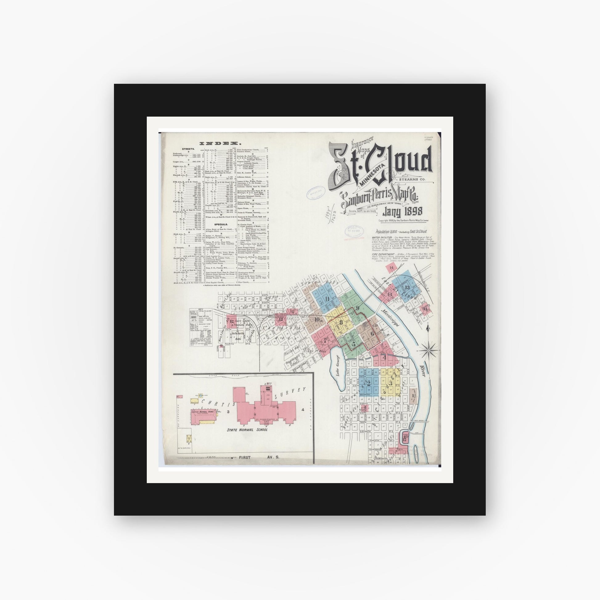 Old map wall art mockup — black gallery frame with white mat — Sanborn Fire Insurance Map from Saint Cloud, Stearns, Benton, and Sherburne Counties, Minnesota (1898) - Complete Map Set