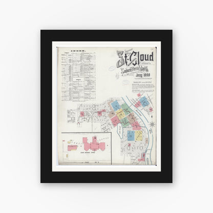Old map wall art mockup — black gallery frame with white mat — Sanborn Fire Insurance Map from Saint Cloud, Stearns, Benton, and Sherburne Counties, Minnesota (1898) - Complete Map Set