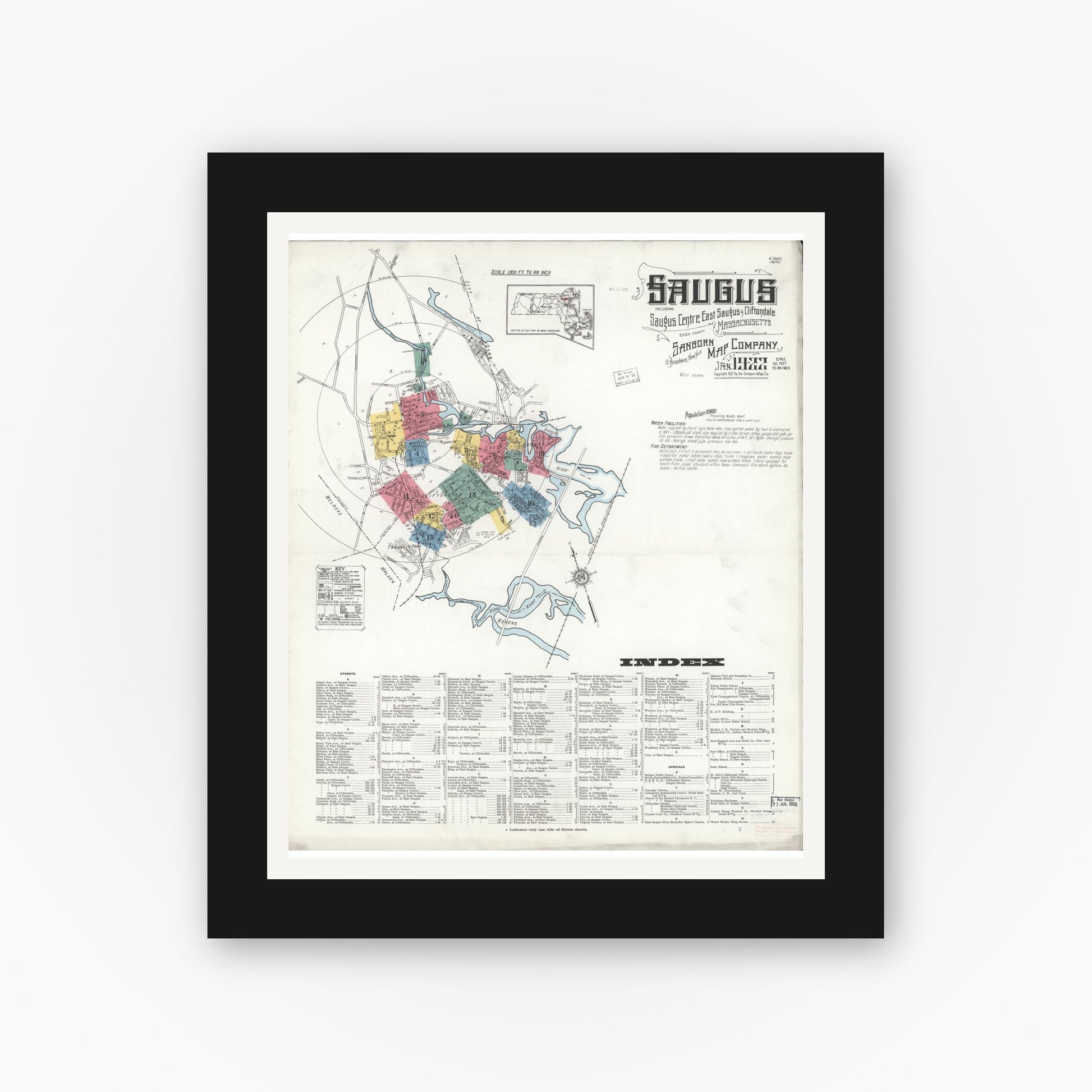 Old map wall art mockup — black gallery frame with white mat — Sanborn Fire Insurance Map from Saugus, Essex County, Massachusetts (1922), Sheet #0001
