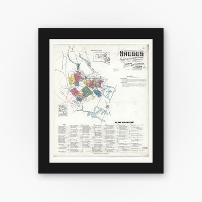 Old map wall art mockup — black gallery frame with white mat — Sanborn Fire Insurance Map from Saugus, Essex County, Massachusetts (1922), Sheet #0001