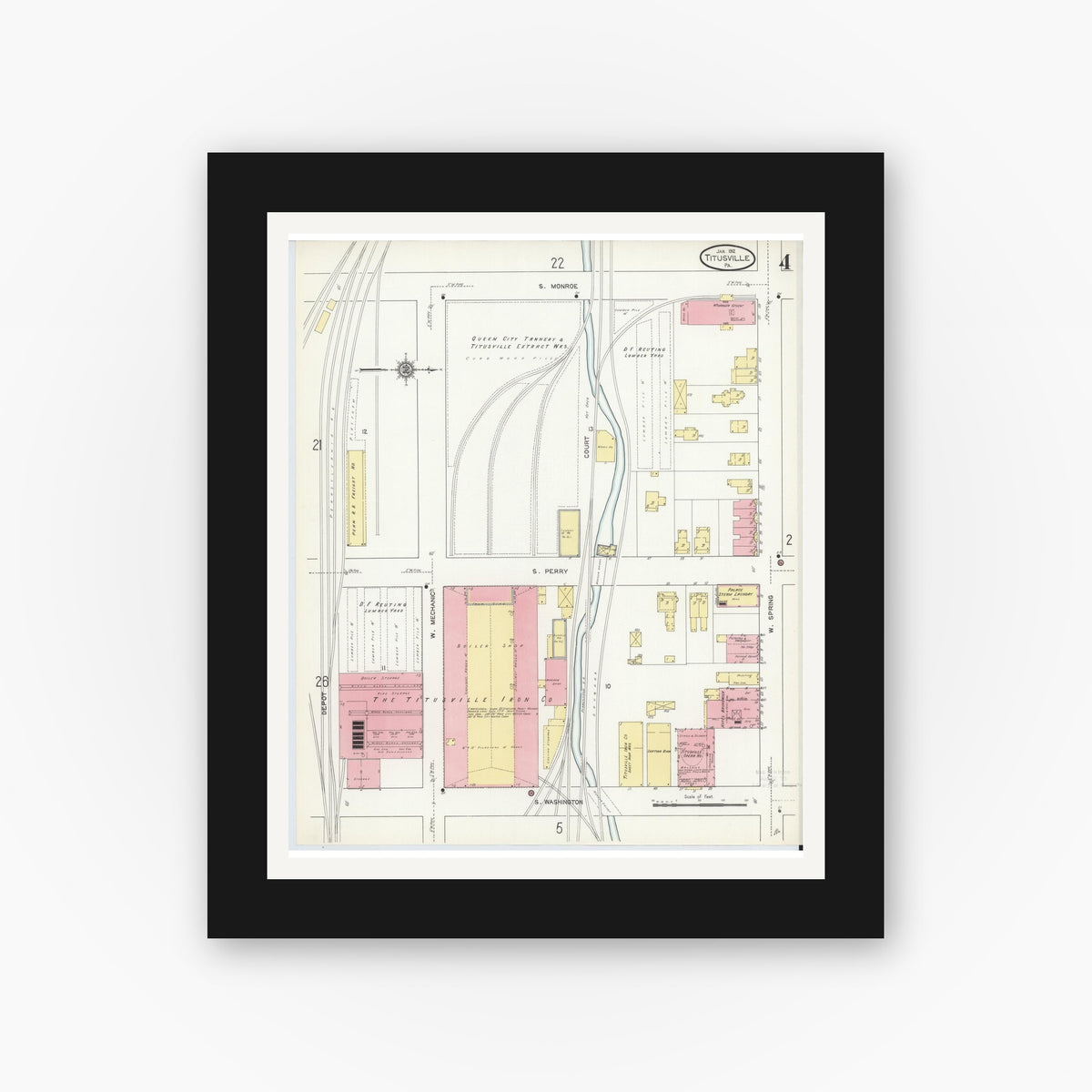 Old map wall art mockup — black gallery frame with white mat — Sanborn Fire Insurance Map from Titusville, Crawford County, Pennsylvania (1912), Sheet #0004