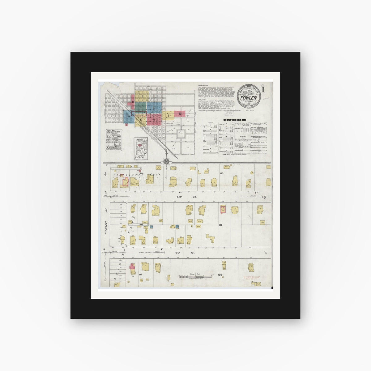 Old map wall art mockup — black gallery frame with white mat — Sanborn Fire Insurance Map from Fowler, Benton County, Indiana (1921) - Complete Map Set