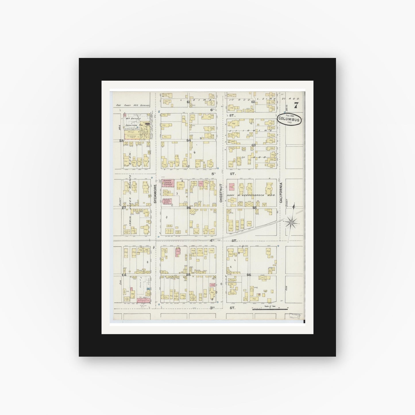 Old map wall art mockup — black gallery frame with white mat — Sanborn Fire Insurance Map from Columbus, Bartholomew County, Indiana (1890), Sheet #0007