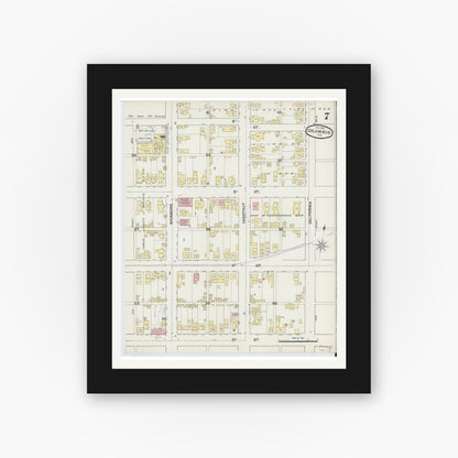 Old map wall art mockup — black gallery frame with white mat — Sanborn Fire Insurance Map from Columbus, Bartholomew County, Indiana (1890), Sheet #0007
