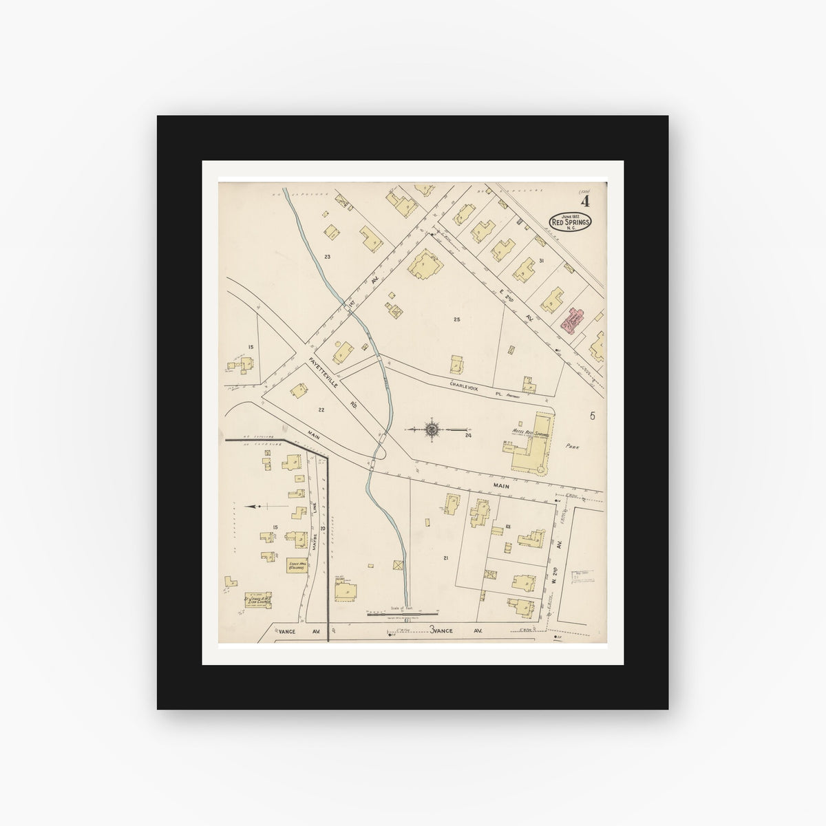 Old map wall art mockup — black gallery frame with white mat — Sanborn Fire Insurance Map from Red Springs, Robeson County, North Carolina (1922), Sheet #0004