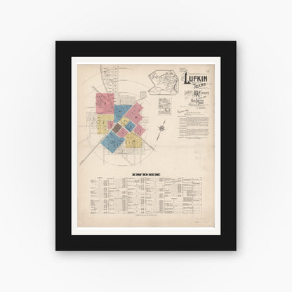 Old map wall art mockup — black gallery frame with white mat — Sanborn Fire Insurance Map from Lufkin, Angelina County, Texas (1922) - Complete Map Set