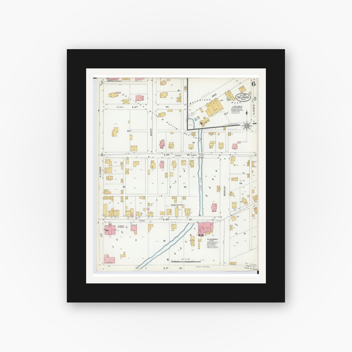 Old map wall art mockup — black gallery frame with white mat — Sanborn Fire Insurance Map from Delphos, Van Wert And Allen Counties, Ohio (1899), Sheet #0006