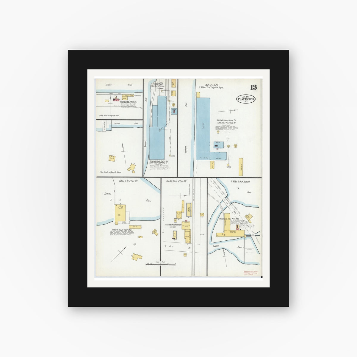 Old map wall art mockup — black gallery frame with white mat — Sanborn Fire Insurance Map from Plattsburg, Clinton County, New York (1902), Sheet #0013