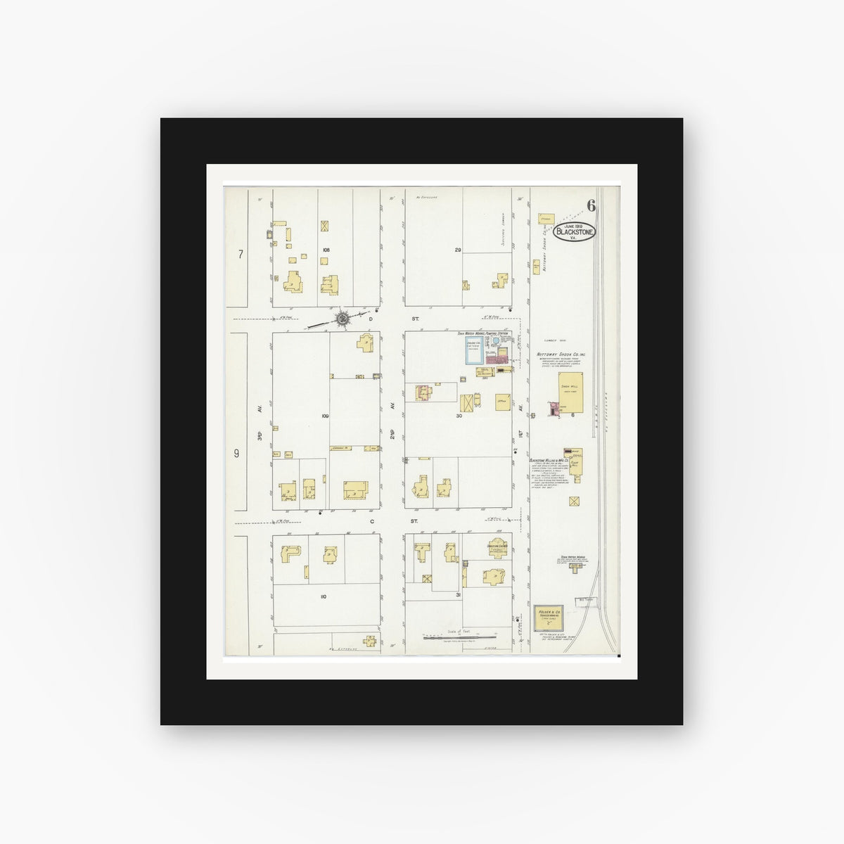 Old map wall art mockup — black gallery frame with white mat — Sanborn Fire Insurance Map from Blackstone, Nottoway County, Virginia (1919), Sheet #0006