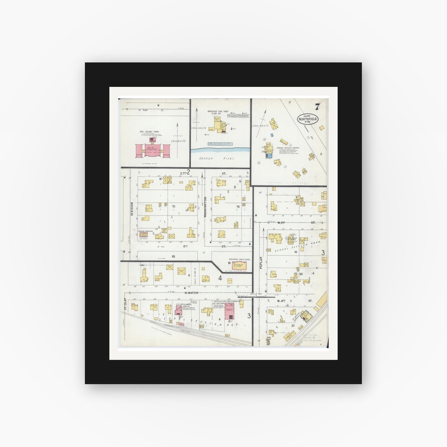 Old map wall art mockup — black gallery frame with white mat — Sanborn Fire Insurance Map from Northfield, Rice County, Minnesota (1900), Sheet #0007
