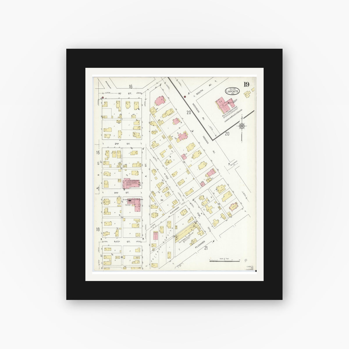 Old map wall art mockup — black gallery frame with white mat — Sanborn Fire Insurance Map from La Porte, La Porte County, Indiana (1912), Sheet #0019