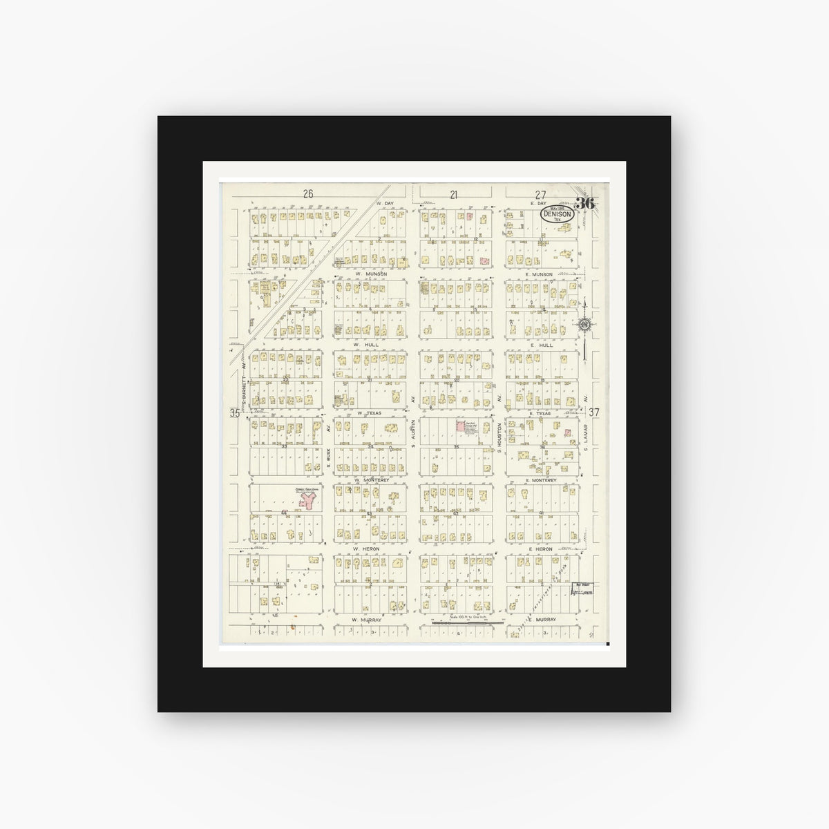Old map wall art mockup — black gallery frame with white mat — Sanborn Fire Insurance Map from Denison, Grayson County, Texas (1914), Sheet #0036