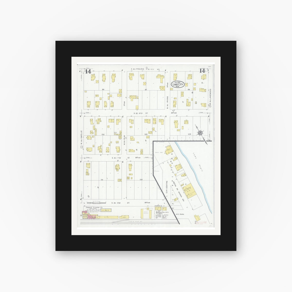 Old map wall art mockup — black gallery frame with white mat — Sanborn Fire Insurance Map from Lake City, Wabasha County, Minnesota (1930), Sheet #0014