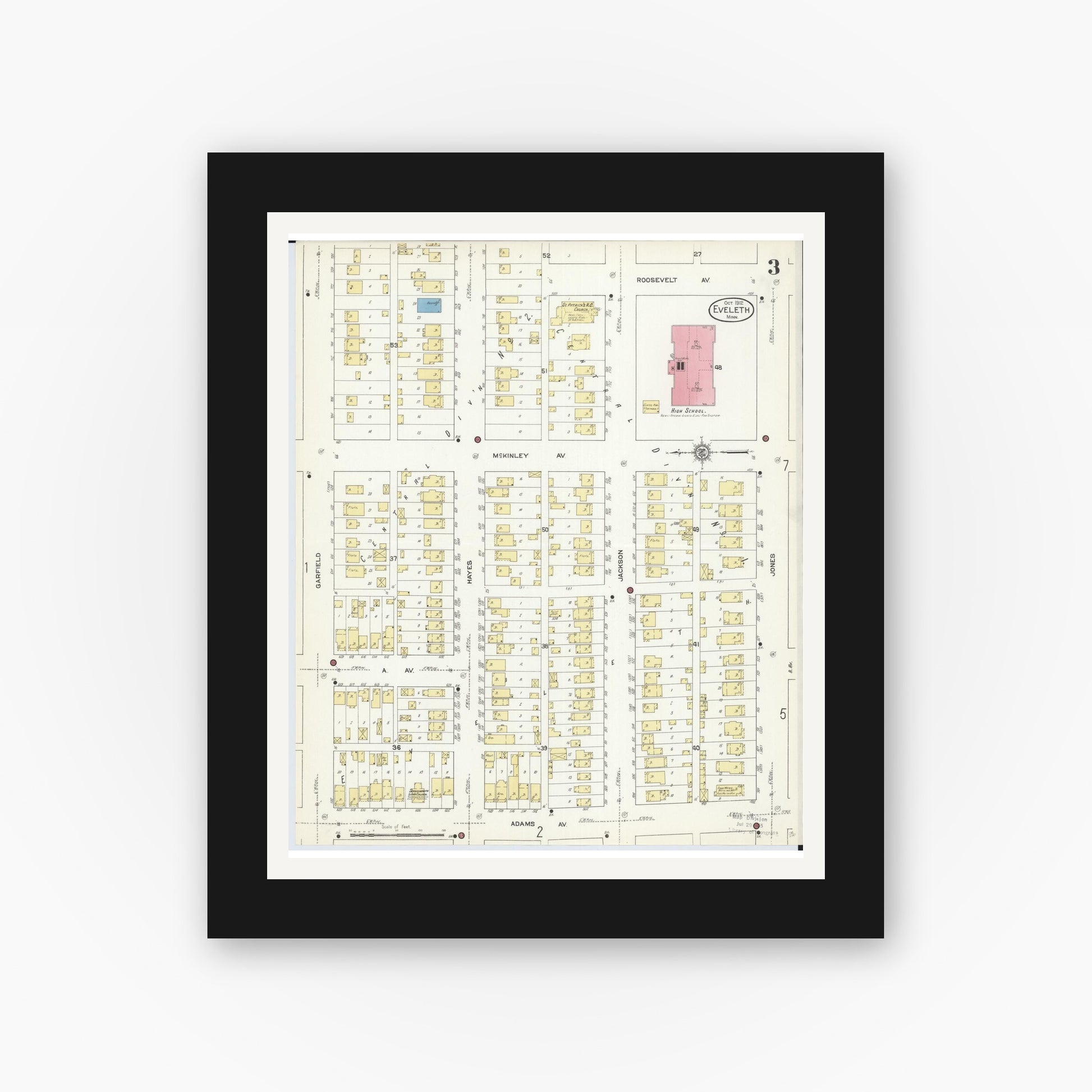 Old map wall art mockup — black gallery frame with white mat — Sanborn Fire Insurance Map from Eveleth, Saint Louis County, Minnesota (1912), Sheet #0003