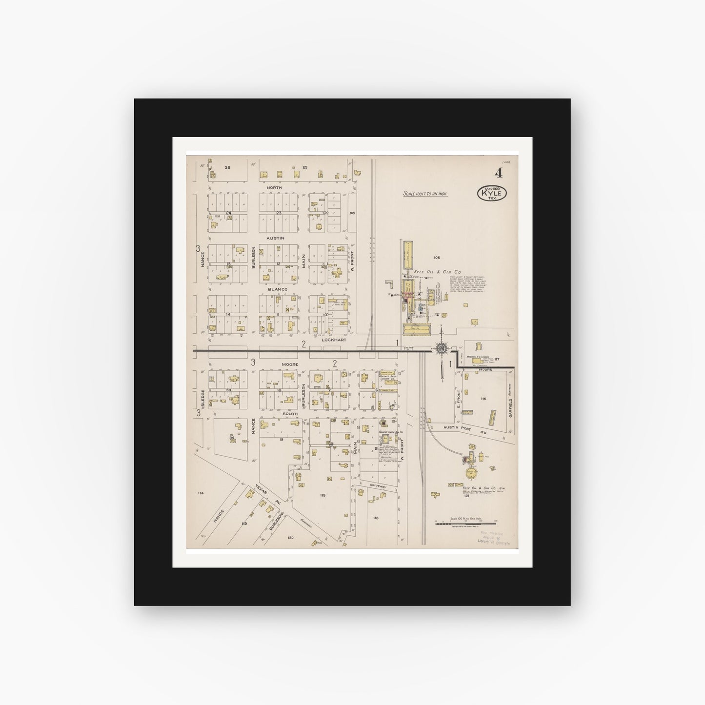 Old map wall art mockup — black gallery frame with white mat — Sanborn Fire Insurance Map from Kyle, Hays County, Texas (1922), Sheet #0004