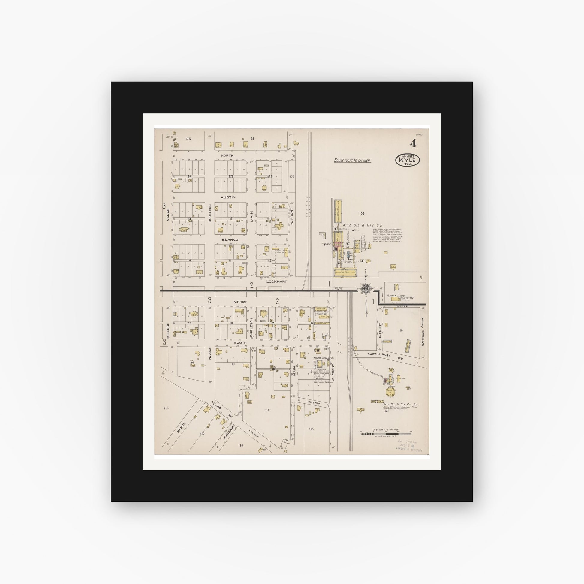 Old map wall art mockup — black gallery frame with white mat — Sanborn Fire Insurance Map from Kyle, Hays County, Texas (1922), Sheet #0004