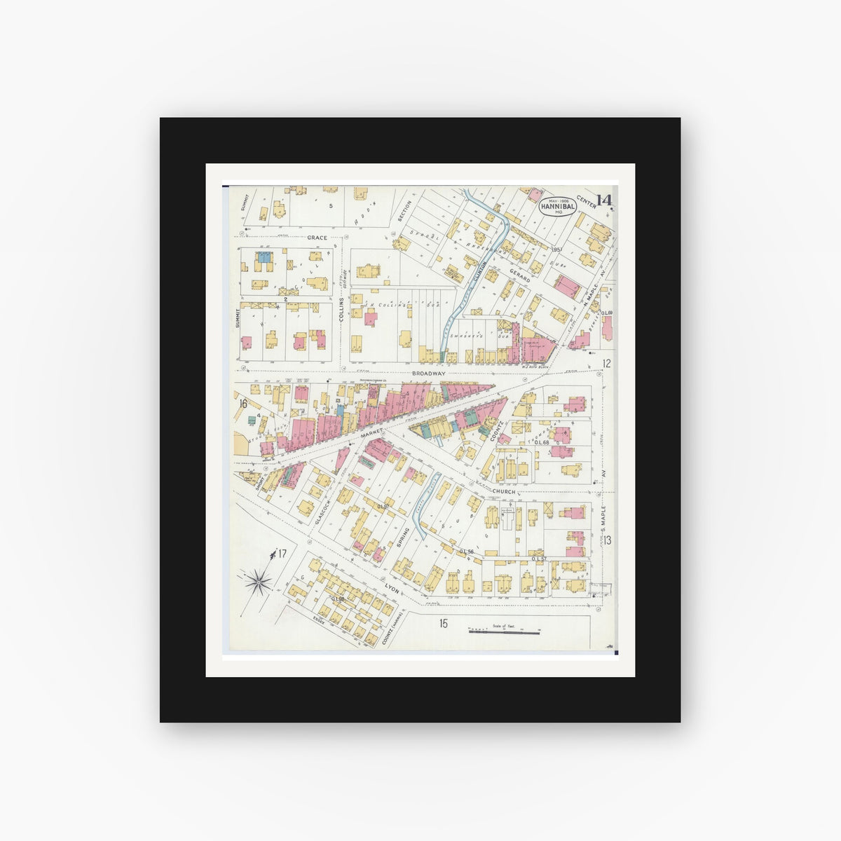 Old map wall art mockup — black gallery frame with white mat — Sanborn Fire Insurance Map from Hannibal, Marion County, Missouri (1906), Sheet #0014