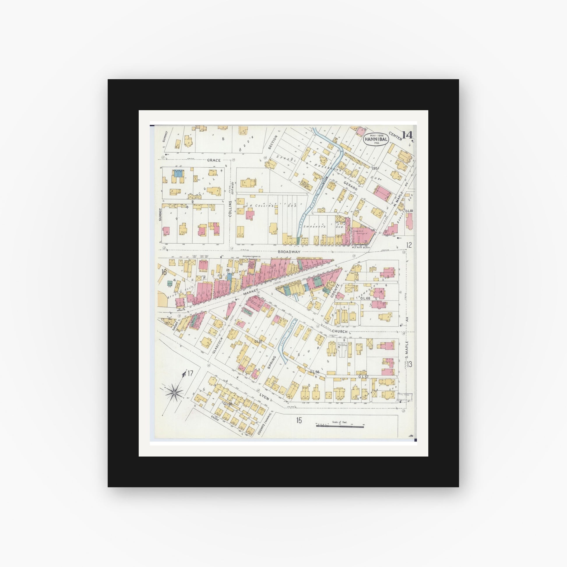 Old map wall art mockup — black gallery frame with white mat — Sanborn Fire Insurance Map from Hannibal, Marion County, Missouri (1906), Sheet #0014