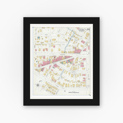 Old map wall art mockup — black gallery frame with white mat — Sanborn Fire Insurance Map from Hannibal, Marion County, Missouri (1906), Sheet #0014