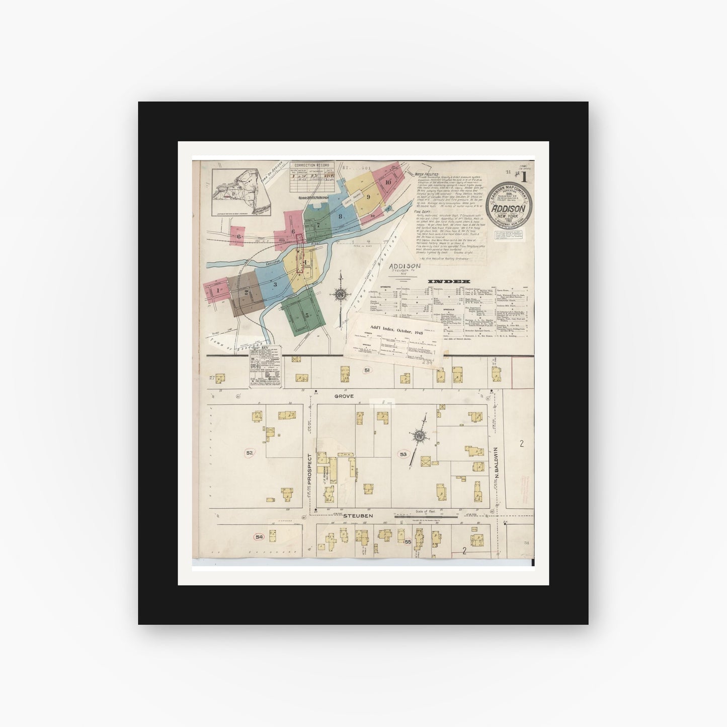 Old map wall art mockup — black gallery frame with white mat — Sanborn Fire Insurance Map from Addison, Steuben County, New York (1945) - Complete Map Set
